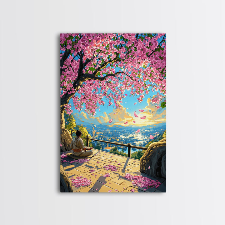 Sakura Terrace Sunset Meditation Wall Art, Japanese City Landscape Print, Cherry Blossom Decor, Zen Bedroom Wall Art, Home Decor Gift