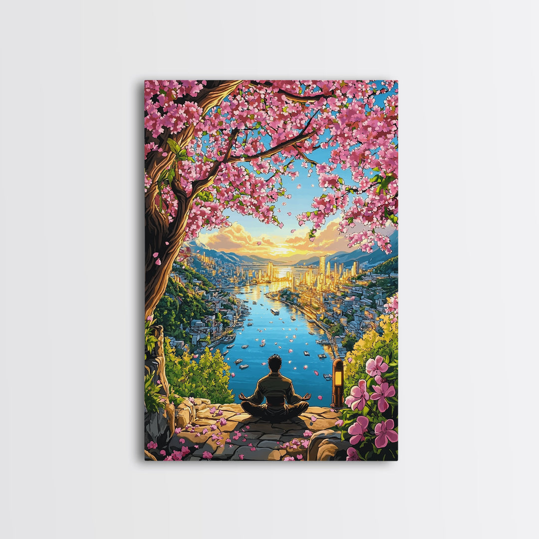 Golden Harbor Sakura Meditation Framed Canvas Print, Japanese Landscape Wall Art, Zen City Decor, Large Living Room Art Print