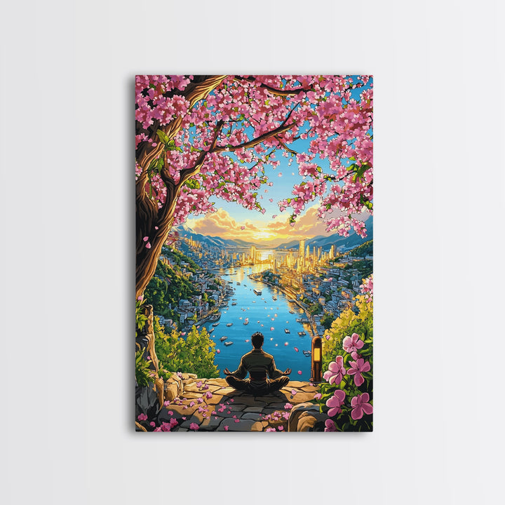 Golden Harbor Sakura Meditation Framed Canvas Print, Japanese Landscape Wall Art, Zen City Decor, Large Living Room Art Print