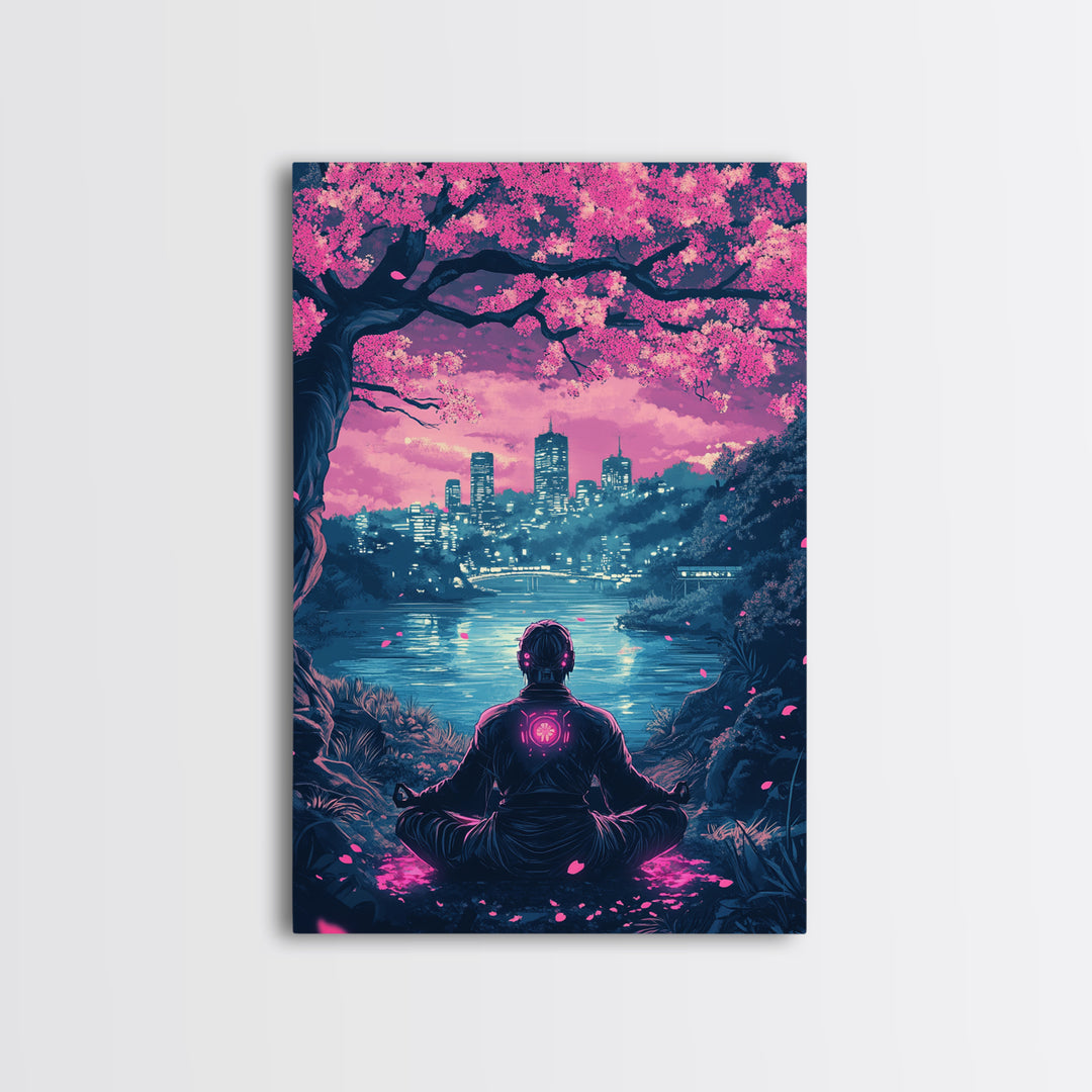 Neon Android Sakura Lake Meditation Wall Art, Cyberpunk Cityscape Print, Pink Cherry Blossom Decor, Sci Fi Bedroom Art, Gaming Room Decor
