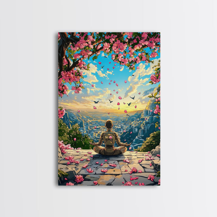 Android Meditation Sakura Valley Wall Art, Futuristic Robot Landscape Print, Cherry Blossom Decor, Japanese Anime Wall Decor