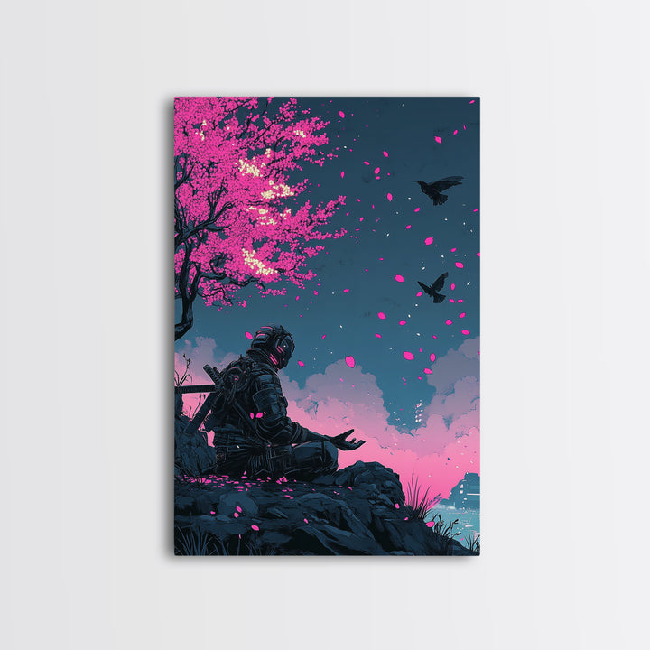 Cyberpunk Warrior Sakura Night Framed Canvas Print, Neon Sci Fi Wall Art, Pink Cherry Blossom Decor, Futuristic Poster, Gift For Him