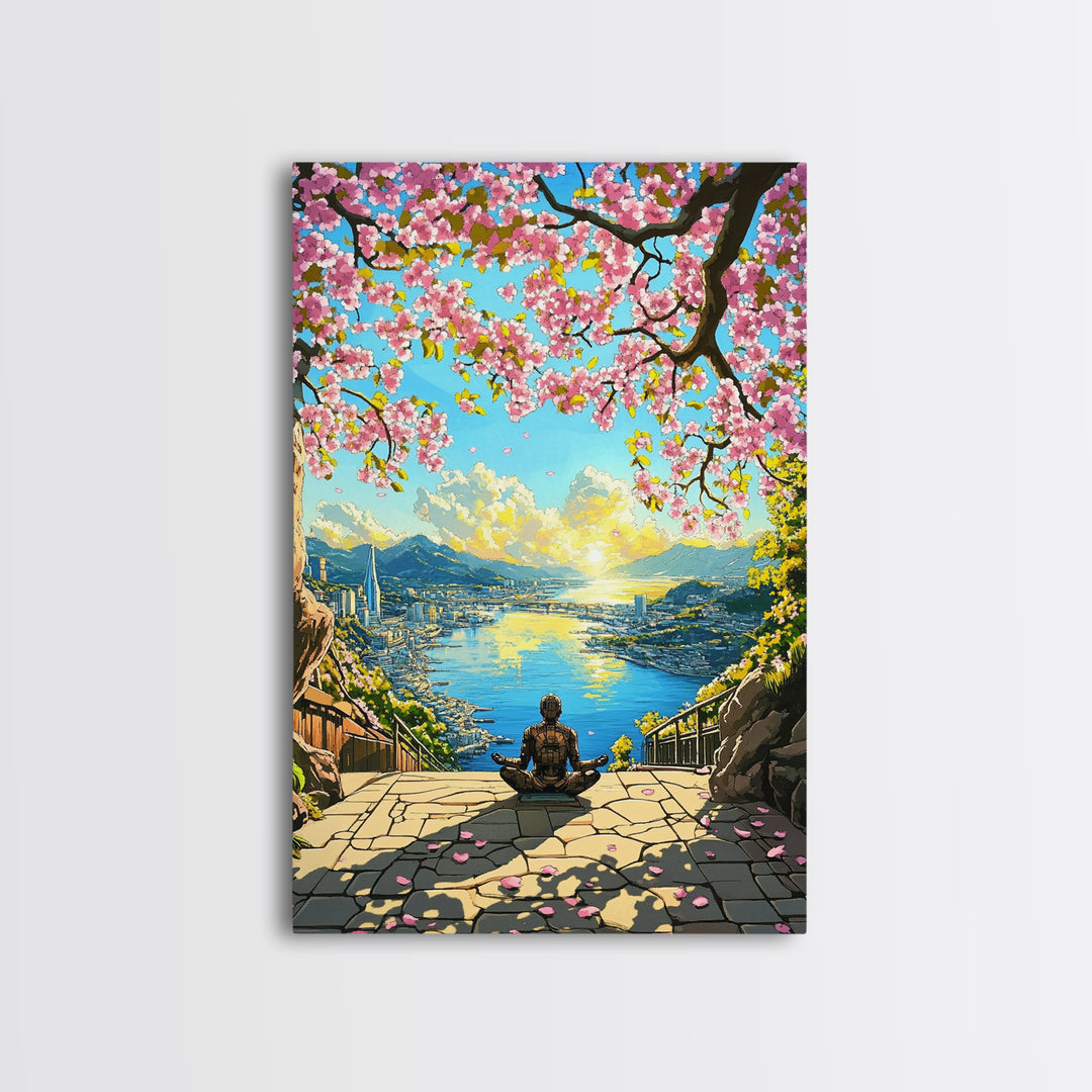 Cherry Blossom Ocean City Meditation Canvas Print, Japanese Landscape Wall Art, Sakura Sunrise Decor, Zen Home Decor Gift