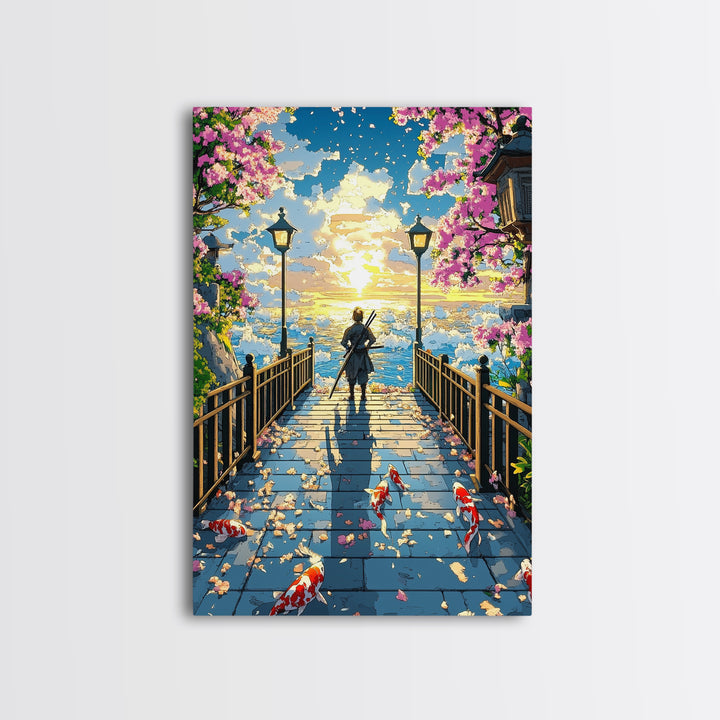 Samurai On Lantern Bridge At Ocean Sunset Wall Art, Japanese Cherry Blossom Koi Print, Anime Landscape Living Room Decor