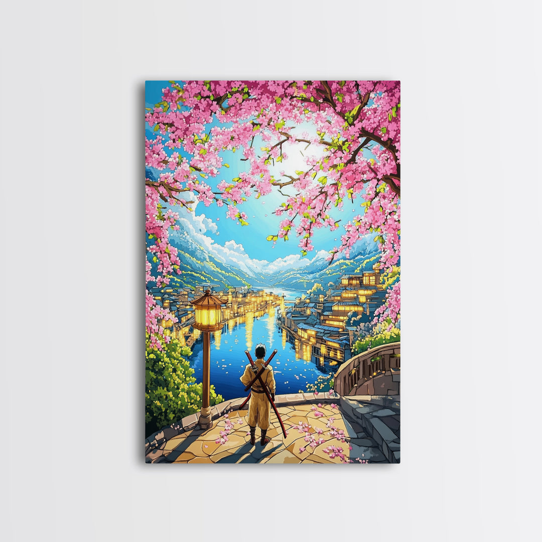 Samurai Over Lake Village With Cherry Blossoms Canvas Print, Japanese Wall Art, Anime Landscape, Travel Inspired Home Decor