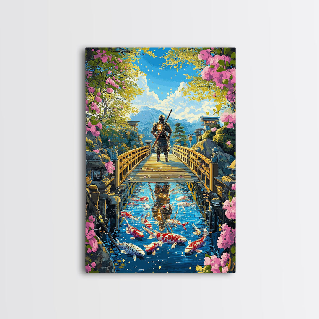 Samurai On Wooden Bridge Above Koi Pond Framed Canvas Print, Japanese Wall Art, Cherry Blossom Mountain Landscape Decor Print