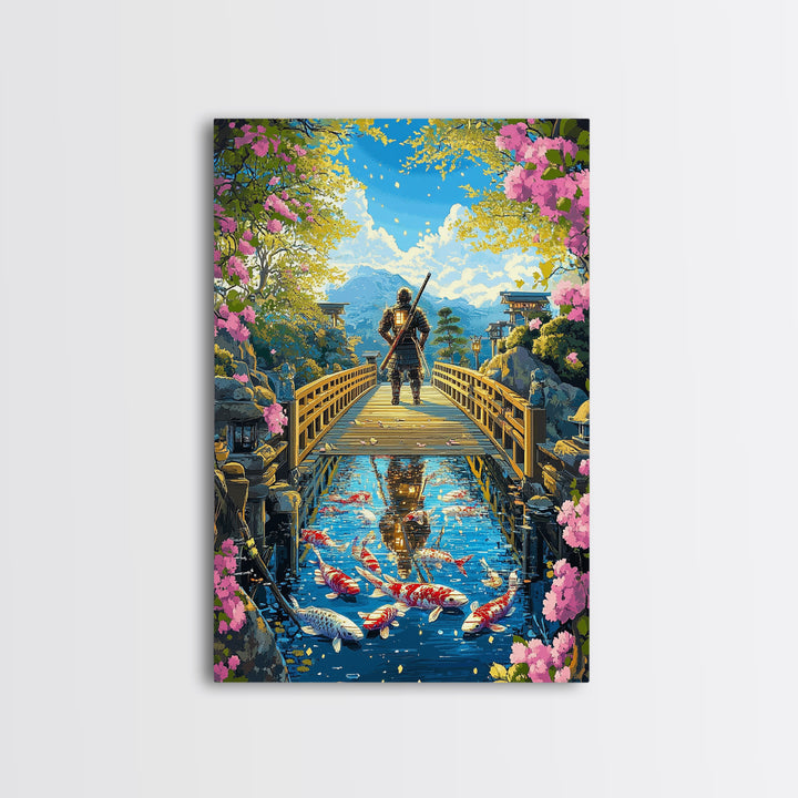 Samurai On Wooden Bridge Above Koi Pond Framed Canvas Print, Japanese Wall Art, Cherry Blossom Mountain Landscape Decor Print