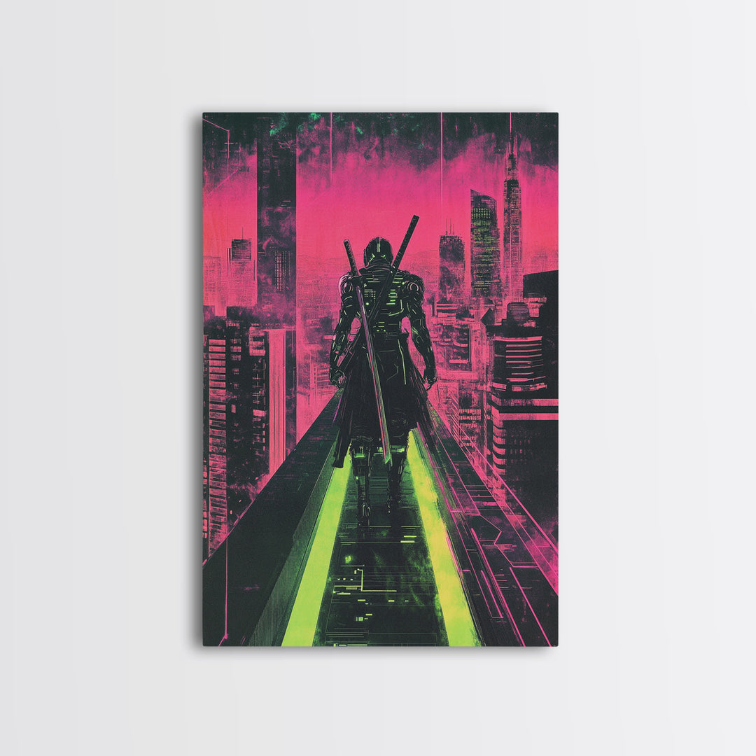 Cyberpunk Samurai On Neon Rooftop Wall Art, Futuristic Cityscape Poster, Pink Green Sci Fi Gaming Room Decor For Him Gift