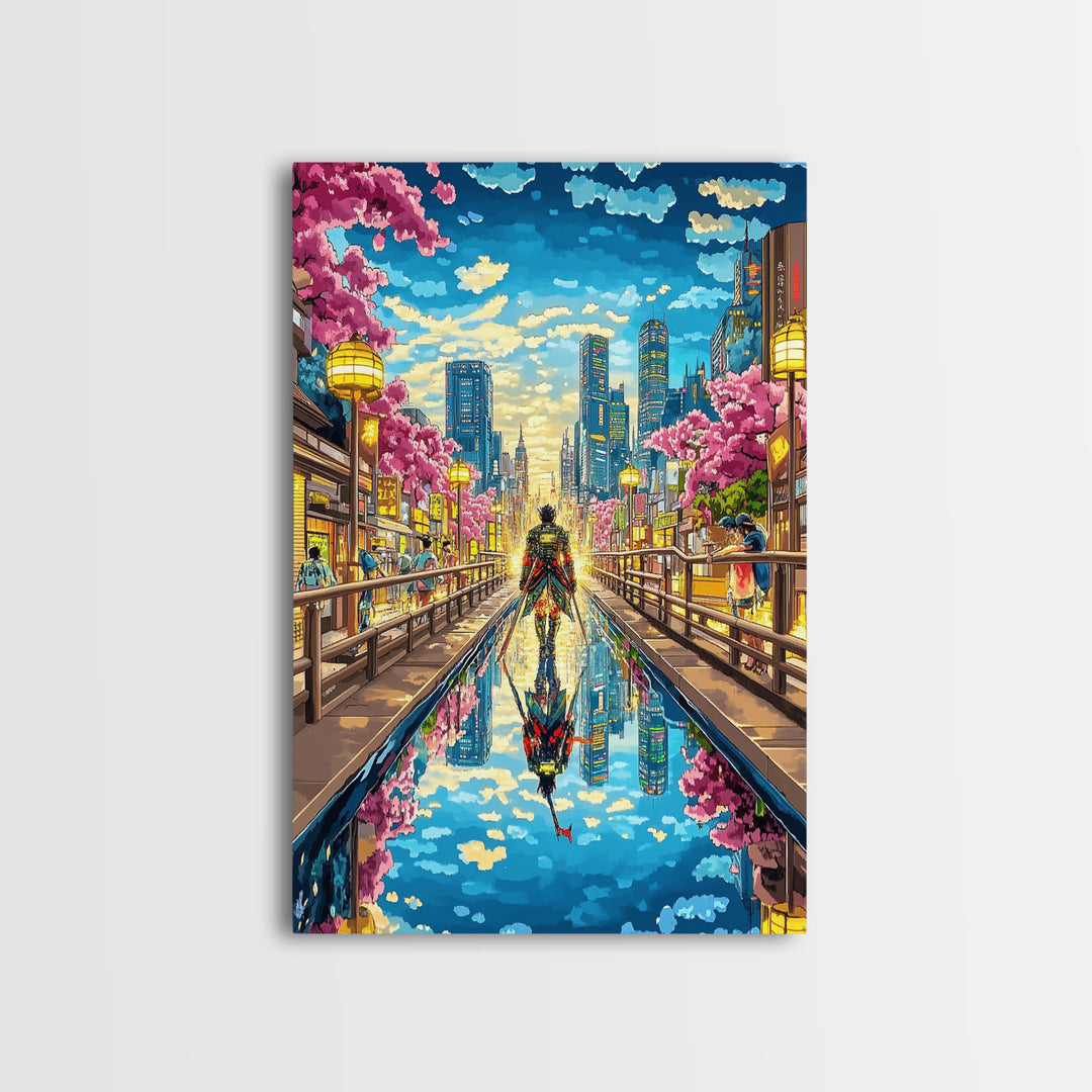 Samurai In Modern City Canal Reflection Canvas Print, Japanese Cherry Blossom Wall Art, Cyberpunk Anime Living Room Decor