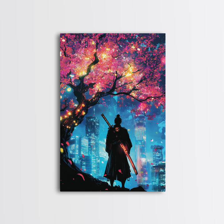 Cyberpunk Samurai Under Glowing Sakura Tree Wall Art, Neon Japanese Cityscape, Moody Anime Poster, Gaming Room Decor Gift For Him