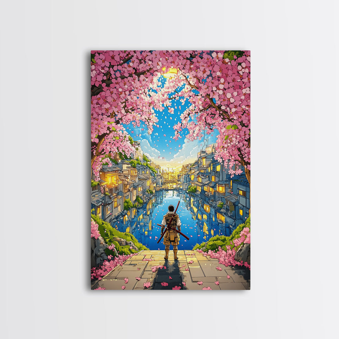 Samurai By Cherry Blossom Canal In Japanese Town Framed Canvas Print, Anime Landscape Wall Art, Cozy Living Room Decor Print