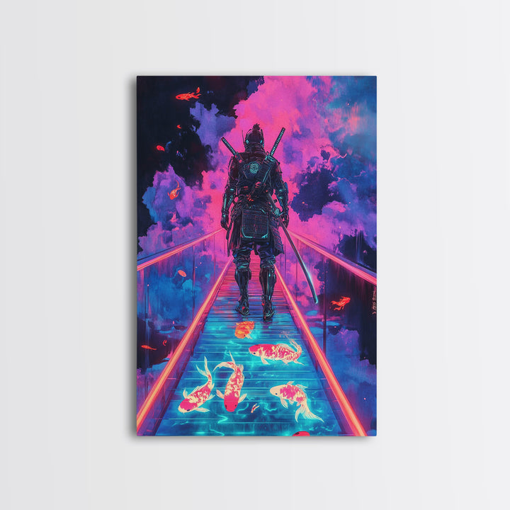 Neon Samurai On Glowing Koi Bridge Framed Canvas Print, Cyberpunk Wall Art, Surreal Japanese Anime Gaming Room Decor Gift
