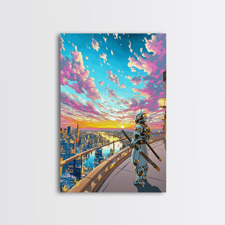 Samurai On Skyline Balcony At Pink Sunset Canvas Print, Japanese Cyberpunk Wall Art, Anime Cityscape Home Office Decor Print