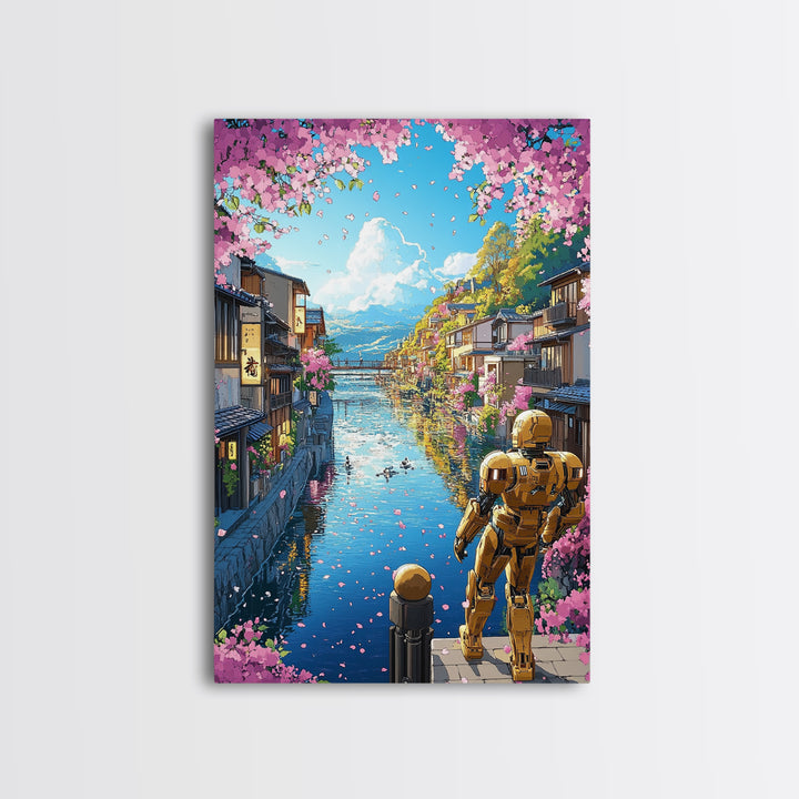 Golden Robot By Sakura Canal Wall Art, Japanese Cityscape Canvas, Futuristic Kyoto Decor, Anime Landscape Print For Living Room Decor