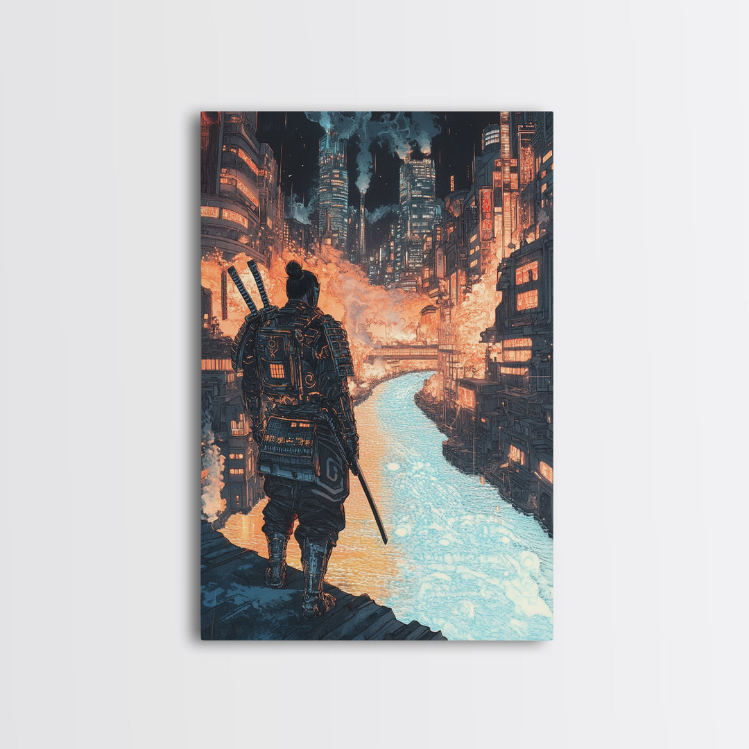 Cyberpunk Samurai Over Neon Canal Framed Canvas Print, Futuristic Japanese City Wall Decor, Sci Fi Warrior Office Art Print