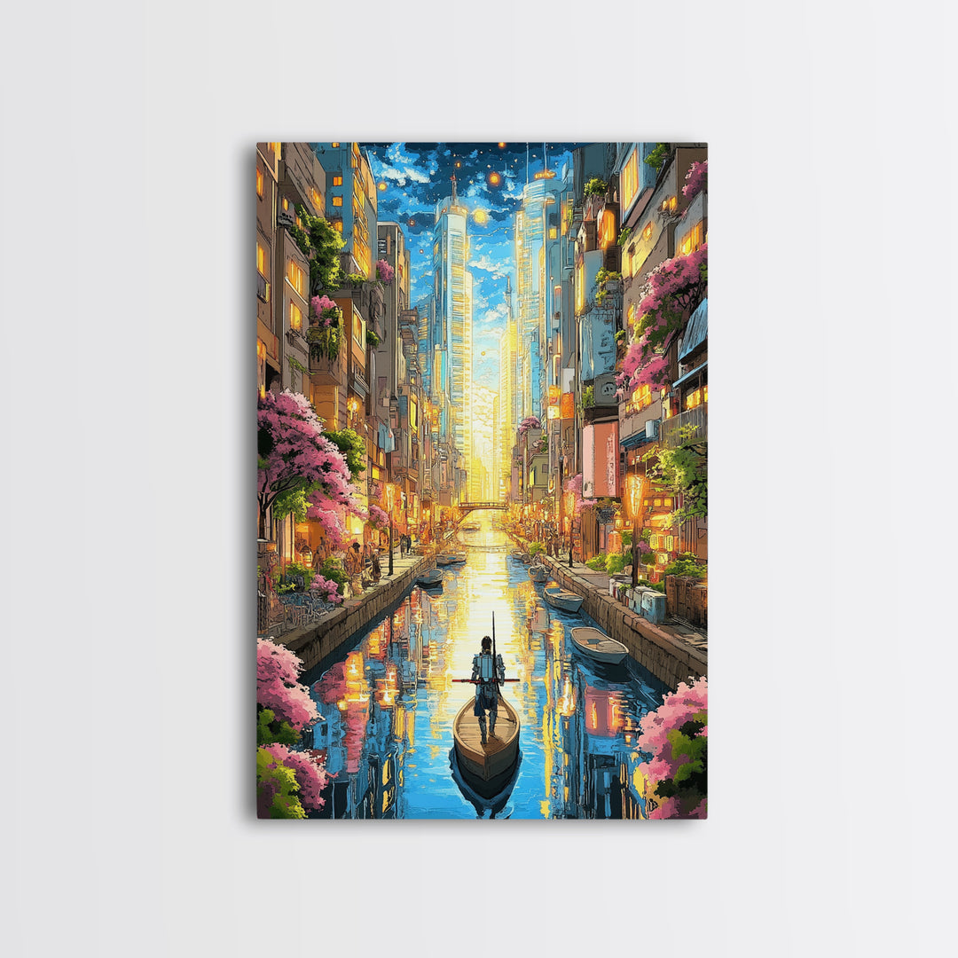 Lone Boat On Glowing Urban Canal Wall Art, Futuristic Cityscape Canvas Print, Sakura Skyline Living Room Decor, Modern Home Decor