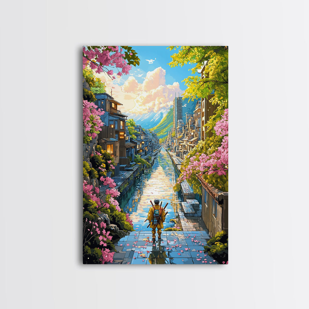 Samurai On Stone Steps Above Canal Framed Canvas Print, Japanese Mountain City Wall Art, Sakura Landscape Home Decor Gift