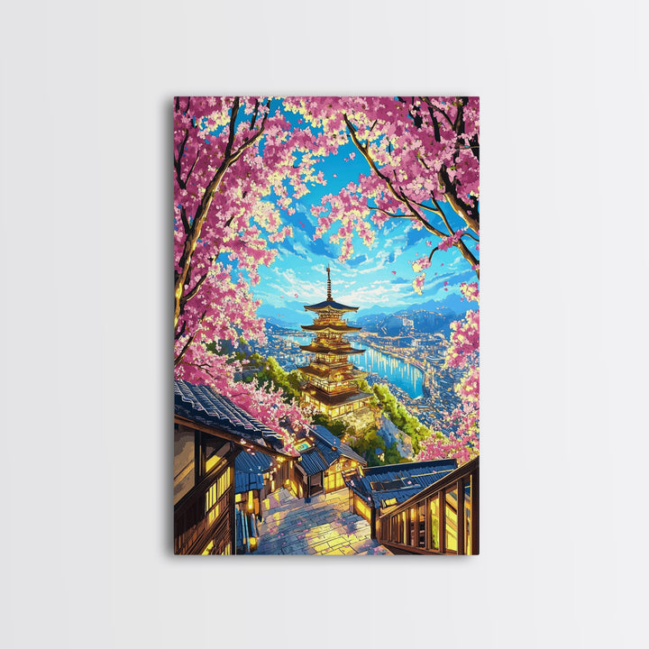 Golden Pagoda Above Blue Harbor Wall Art, Cherry Blossom Japanese Landscape Canvas Print, Kyoto Travel Home Decor Gift For Her