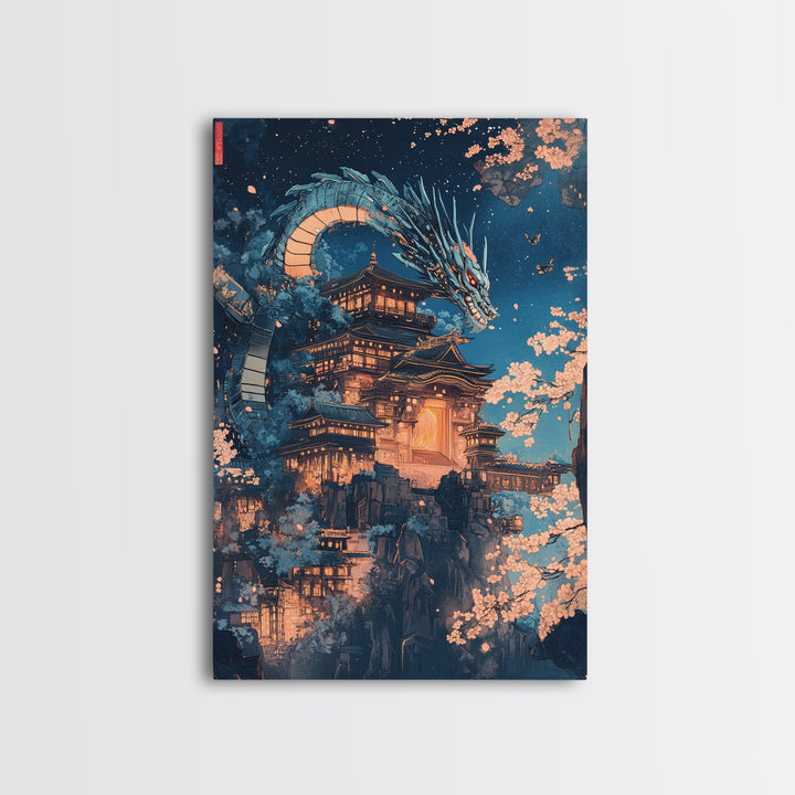 Moonlit Dragon Over Ancient Castle Canvas Print, Japanese Fantasy Wall Art, Sakura Nightscape Gothic Home Decor Mythical Gift