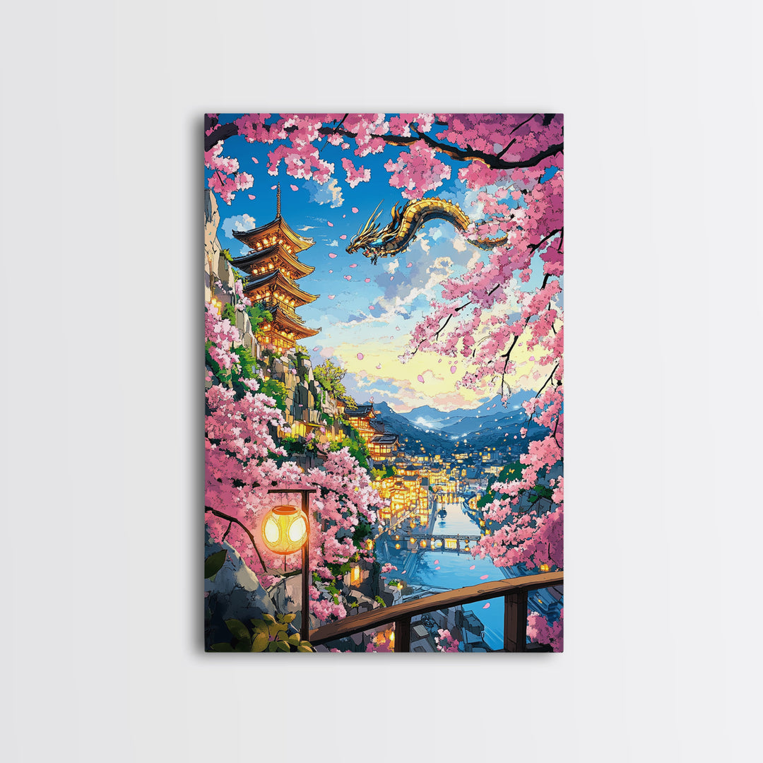 Flying Dragon Above Sakura Pagoda Framed Canvas Print, Japanese Fantasy Landscape Wall Art, Pink Cherry Blossom Decor Print