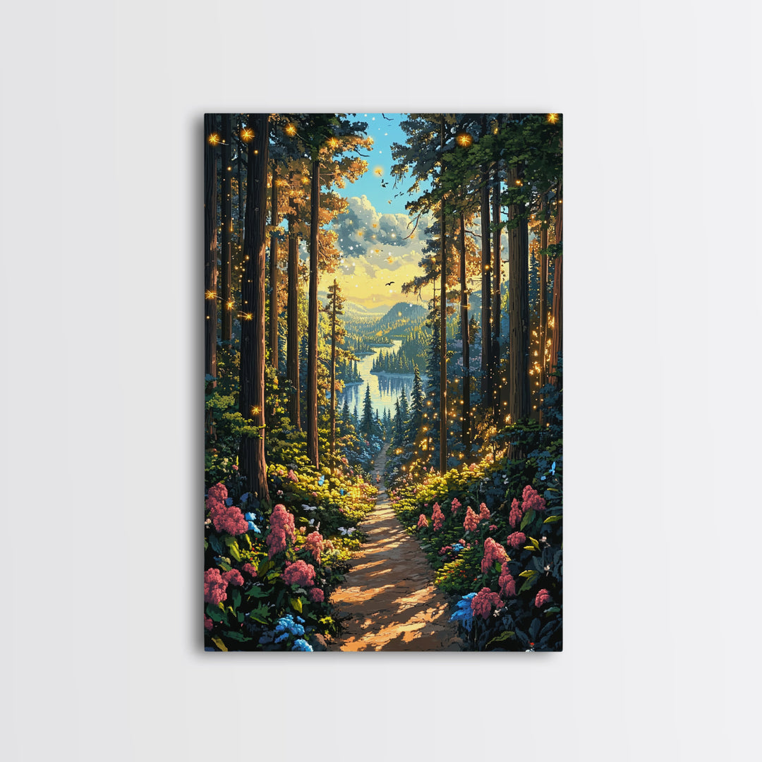 Enchanted Forest Path With Fireflies Wall Art, Mountain Lake Canvas Print, Whimsical Nature Landscape Home Decor Gift For Her