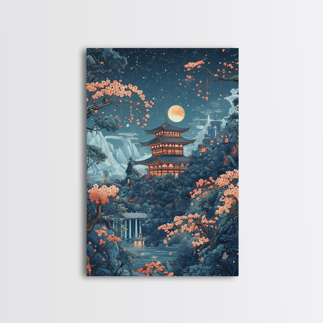 Moonlit Pagoda In Sakura Garden Framed Canvas Print, Japanese Night Landscape Wall Art, Celestial Asian Home Decor Moon Art