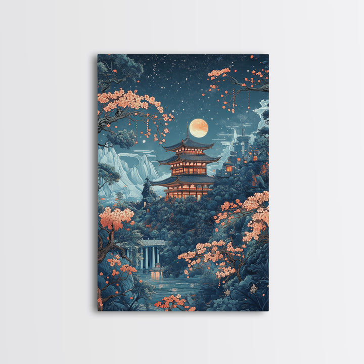 Moonlit Pagoda In Sakura Garden Framed Canvas Print, Japanese Night Landscape Wall Art, Celestial Asian Home Decor Moon Art