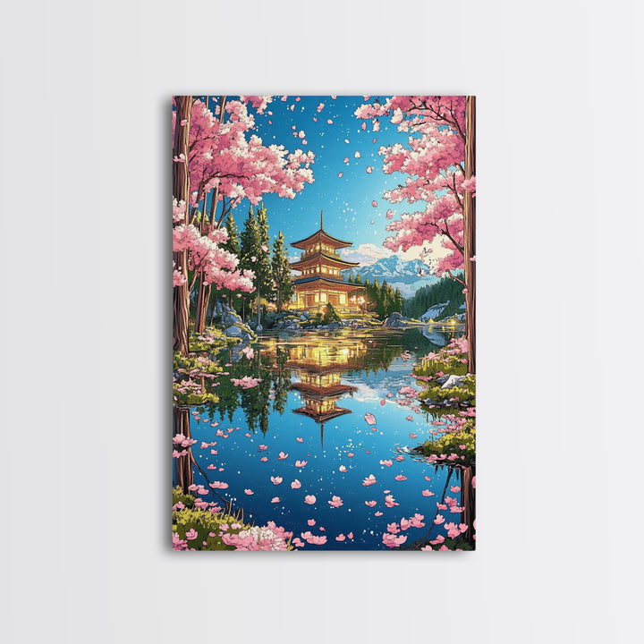 Cherry Blossom Pagoda Lake Reflection Wall Art, Japanese Landscape Canvas, Sakura Temple Decor, Serene Asian Home Decor Print