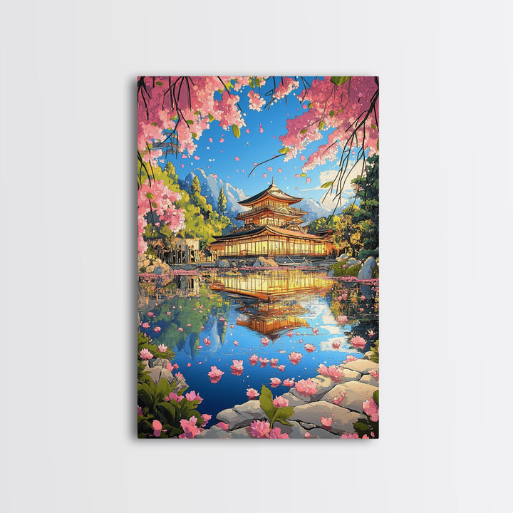 Golden Sakura Temple Reflection Canvas Print, Japanese Garden Wall Decor, Cherry Blossom Lake Art For Serene Home Decor Gift