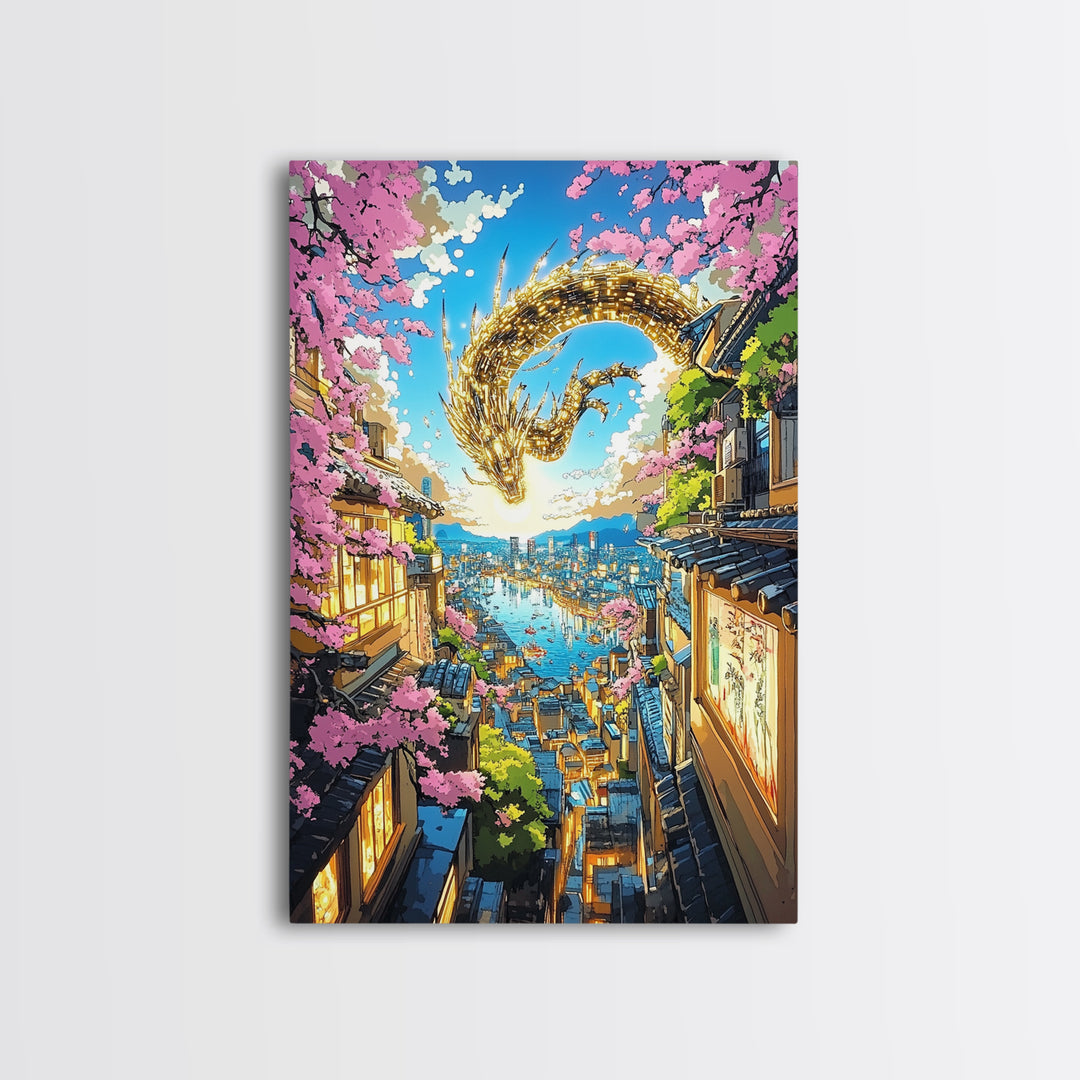 Golden Dragon Over Sakura Harbor Wall Art, Fantasy Japanese Cityscape Print, Cherry Blossom Decor For Asian Home Decor Gift