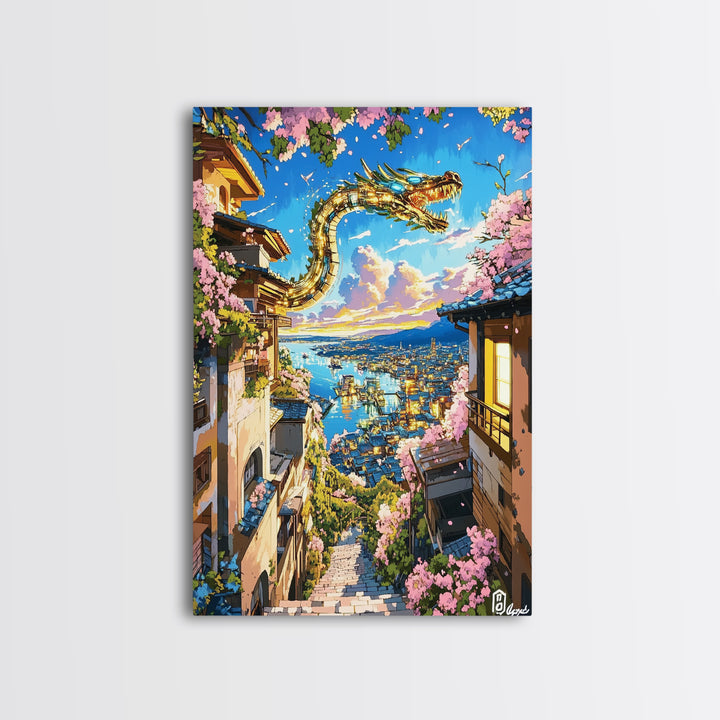 Serpentine Dragon Above Coastal Village Canvas Print, Japanese Fantasy Wall Decor, Sakura Sunset Art For Bold Home Decor
