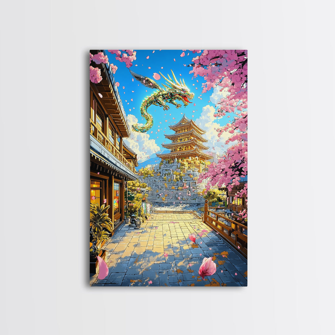 Golden Dragon Over Sakura Pagoda Framed Canvas Print, Japanese Fantasy Wall Art, Cherry Blossom Temple Decor For Living Room