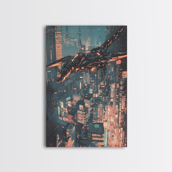 Cyberpunk Mechanical Dragon Over Neon City Wall Art, Futuristic Sci Fi Canvas, Dystopian Urban Decor For Gaming Room Poster