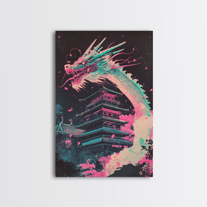 Neon Dragon Rising Over Midnight Pagoda Canvas Print, Japanese Cyberpunk Wall Art, Pink Sakura Fantasy Decor For Gaming Room