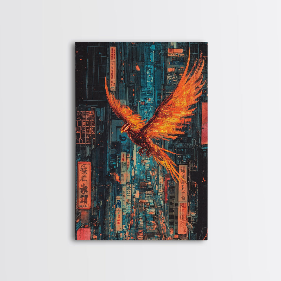 Fiery Phoenix Flying Through Neon Alley Wall Art, Cyberpunk City Canvas, Orange Bird Poster For Modern Office Decor Gift