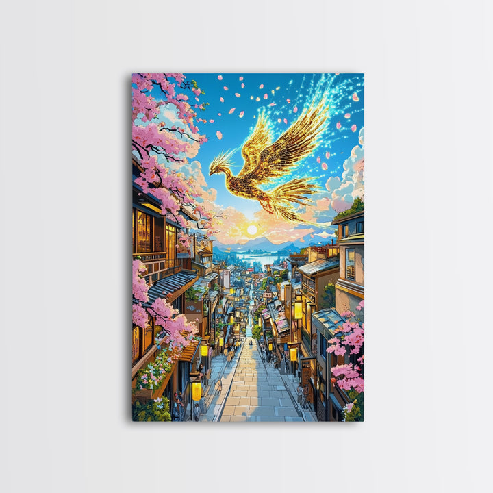 Golden Phoenix Over Sakura Hillside Town Framed Canvas Print, Japanese Fantasy Wall Art, Cherry Blossom Sunrise Decor For Home