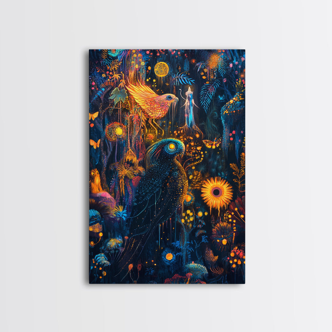 Luminous Birds In Enchanted Jungle Wall Art, Whimsical Fantasy Canvas, Celestial Moon Decor For Boho Maximalist Home Decor