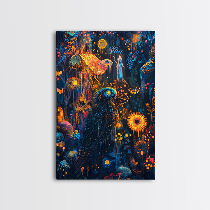 Luminous Birds In Enchanted Jungle Wall Art, Whimsical Fantasy Canvas, Celestial Moon Decor For Boho Maximalist Home Decor