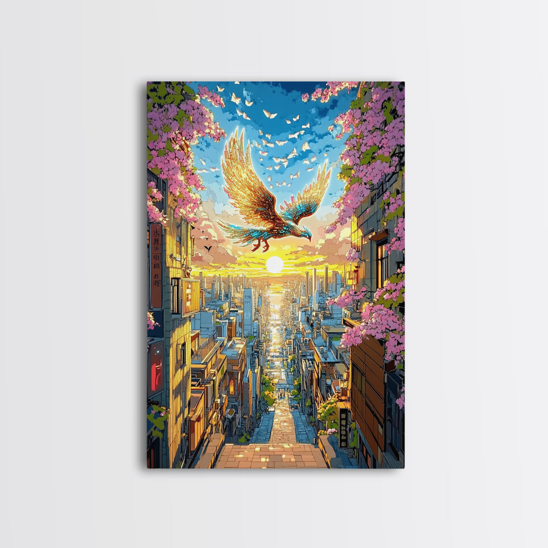 Golden Phoenix Over Sakura City Wall Art, Japanese Fantasy Art Print, Colorful Wall Art, Living Room Wall Decor, Housewarming Gift