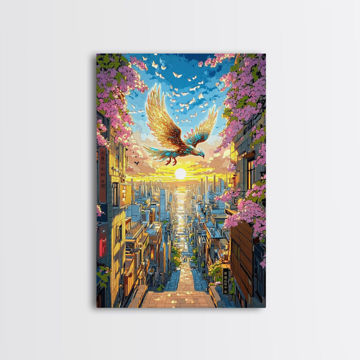 Golden Phoenix Over Sakura City Wall Art, Japanese Fantasy Art Print, Colorful Wall Art, Living Room Wall Decor, Housewarming Gift