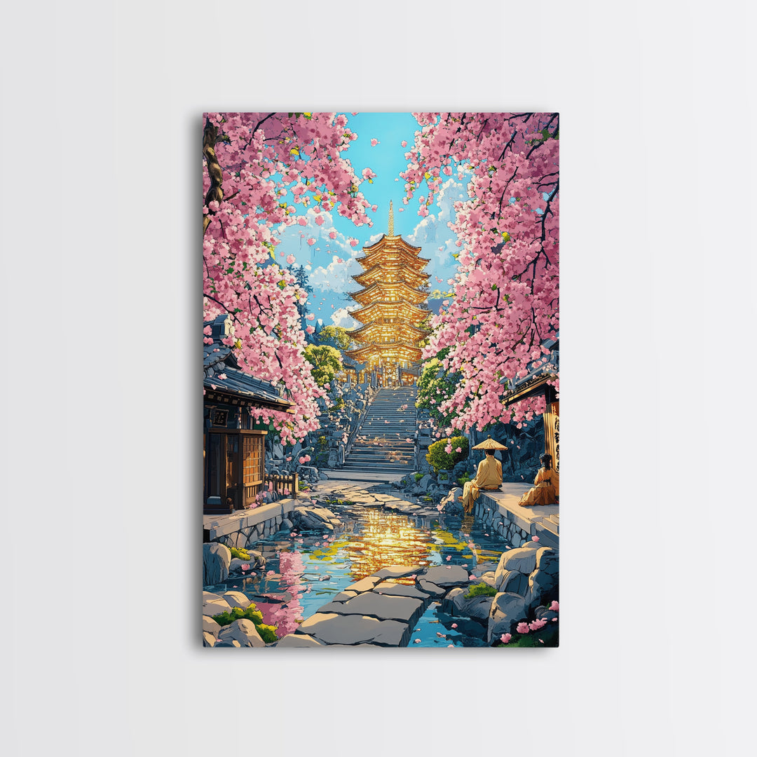 Golden Pagoda Cherry Blossom Framed Canvas Print, Japanese Wall Art, Serene Zen Decor, Living Room Wall Decor, Housewarming Gift For Her