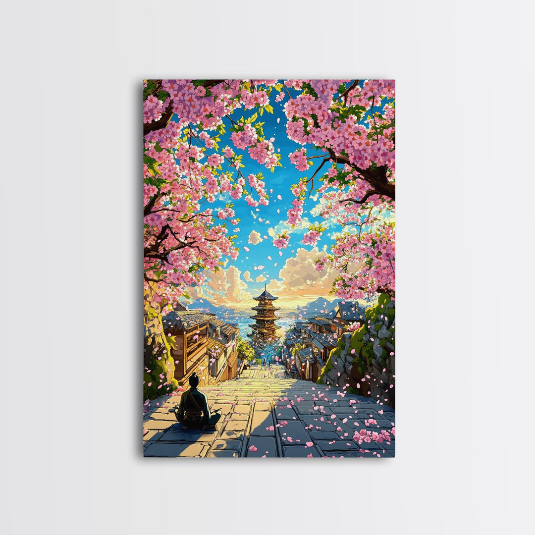 Cherry Blossom Steps To Ocean Pagoda Wall Art, Japanese Landscape Print, Coastal Home Decor, Tranquil Living Room Art, Gift For Her