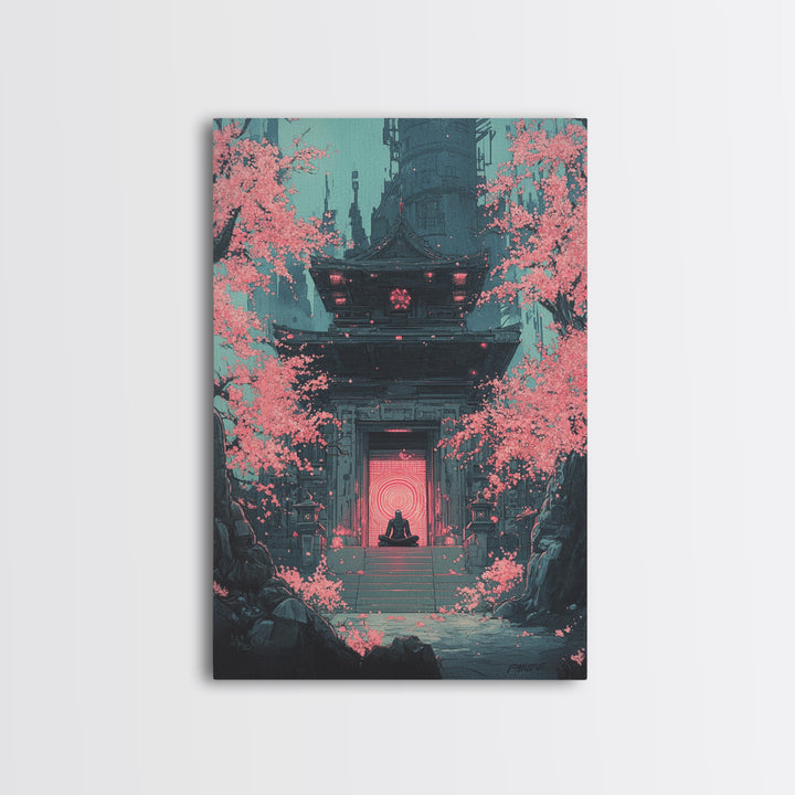 Neon Portal Temple With Pink Sakura Canvas Print, Cyberpunk Wall Art, Japanese Sci Fi Decor, Moody Office Wall Decor For Him