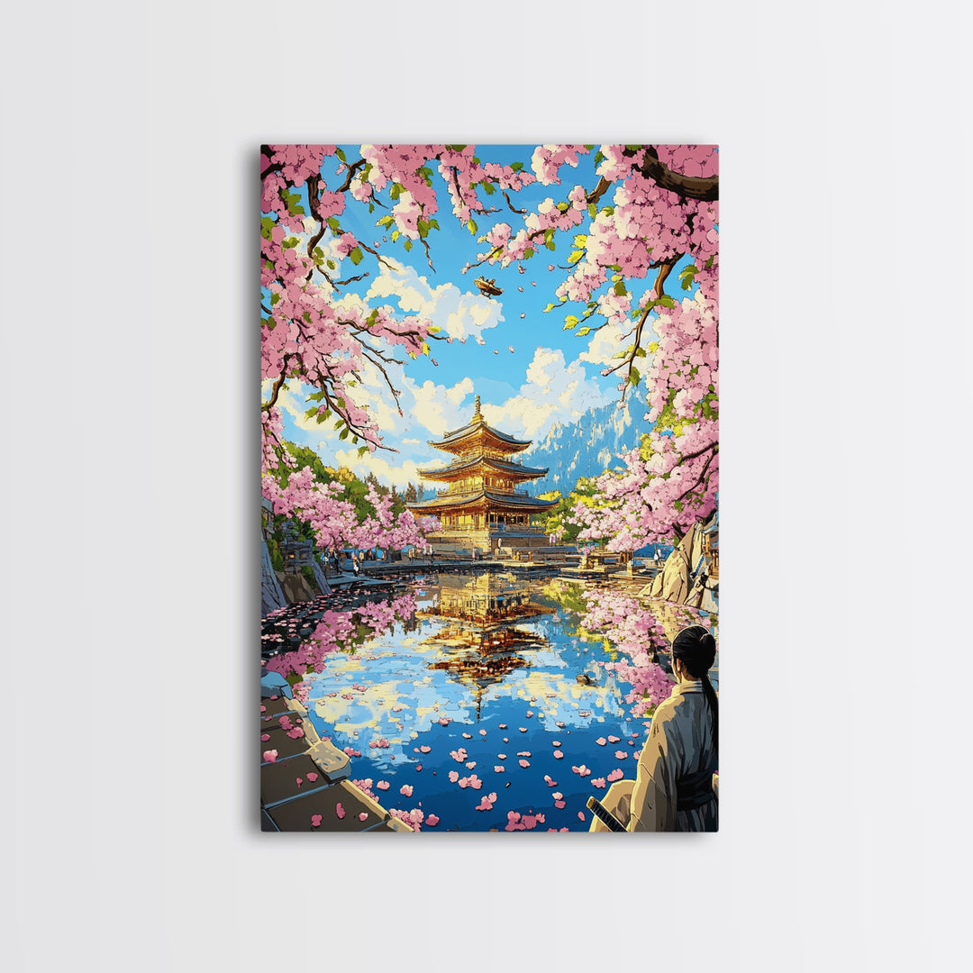 Golden Pagoda Reflected In Sakura Lake Framed Canvas Print, Japanese Wall Art, Mountain Landscape, Serene Zen Decor, Living Room Art