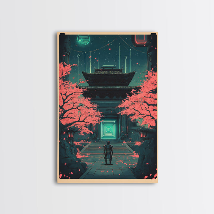 Neon Samurai At Sakura Temple Canvas Print, Cyberpunk Japanese Wall Art, Sci Fi Decor, Gaming Room Wall Decor Gift For Him