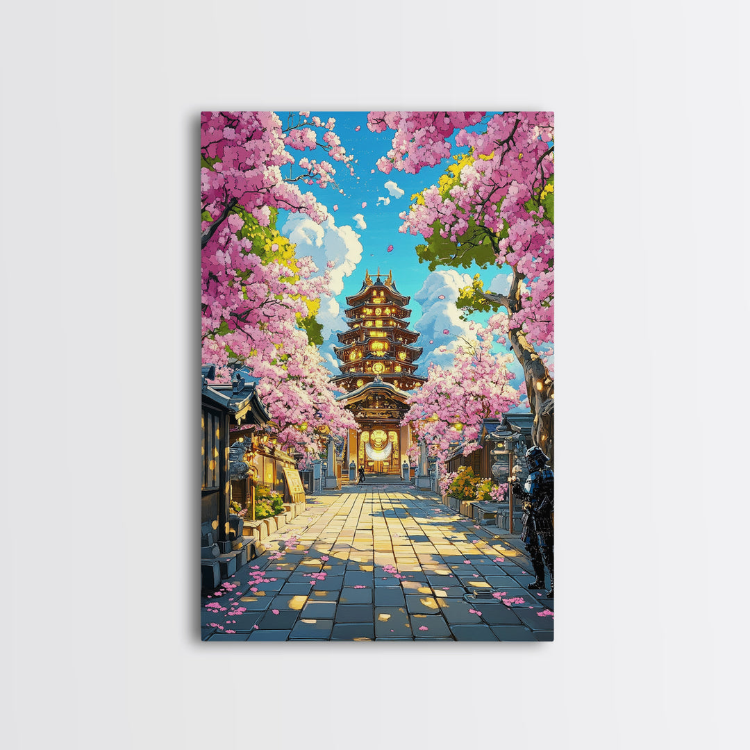 Illuminated Pagoda Under Pink Sakura Wall Art, Japanese Temple Print, Vibrant Spring Decor, Living Room Wall Decor, Gift For Her