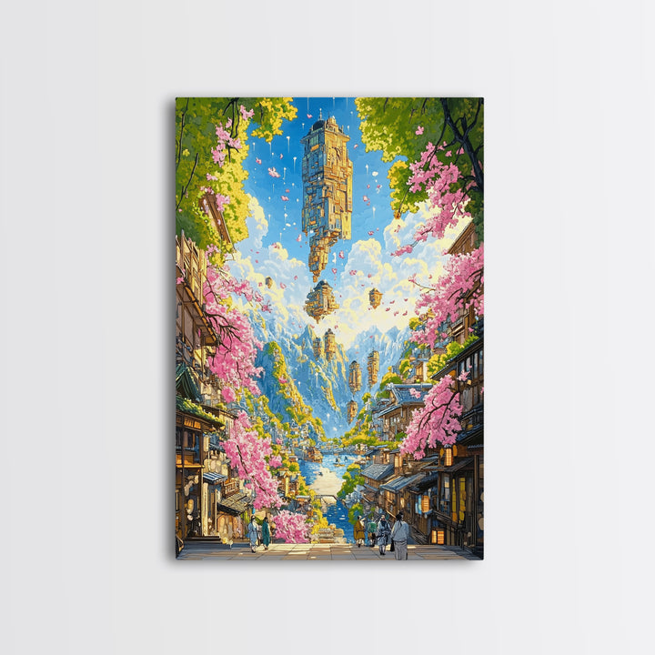 Floating Sky Tower Over Sakura Village Wall Art, Japanese Fantasy Landscape, Surreal Art Print, Statement Living Room Decor