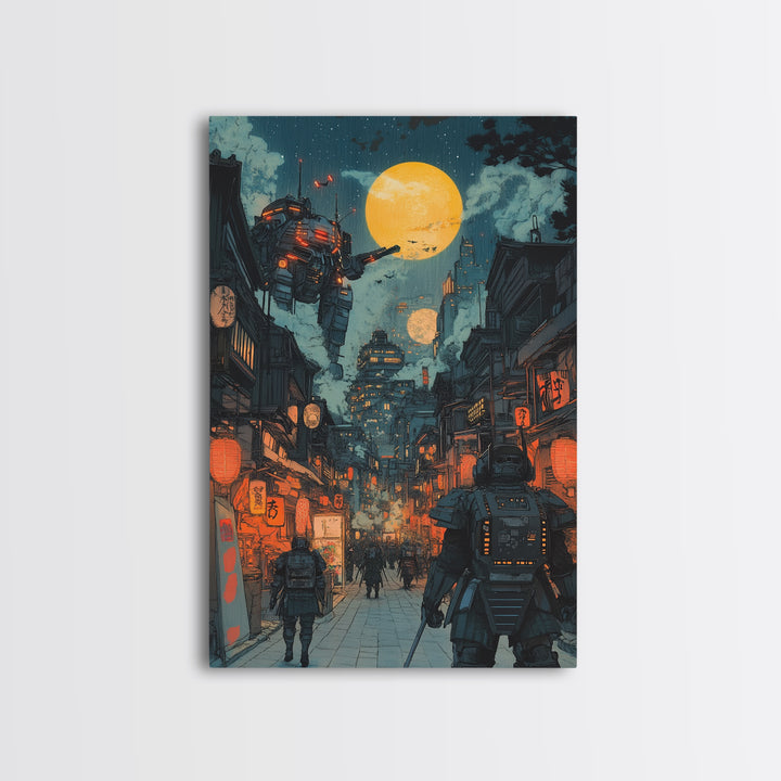 Mech Patrol In Neon Japanese Alley Canvas Print, Cyberpunk Wall Art, Sci Fi Cityscape Decor, Gaming Room Wall Decor For Him