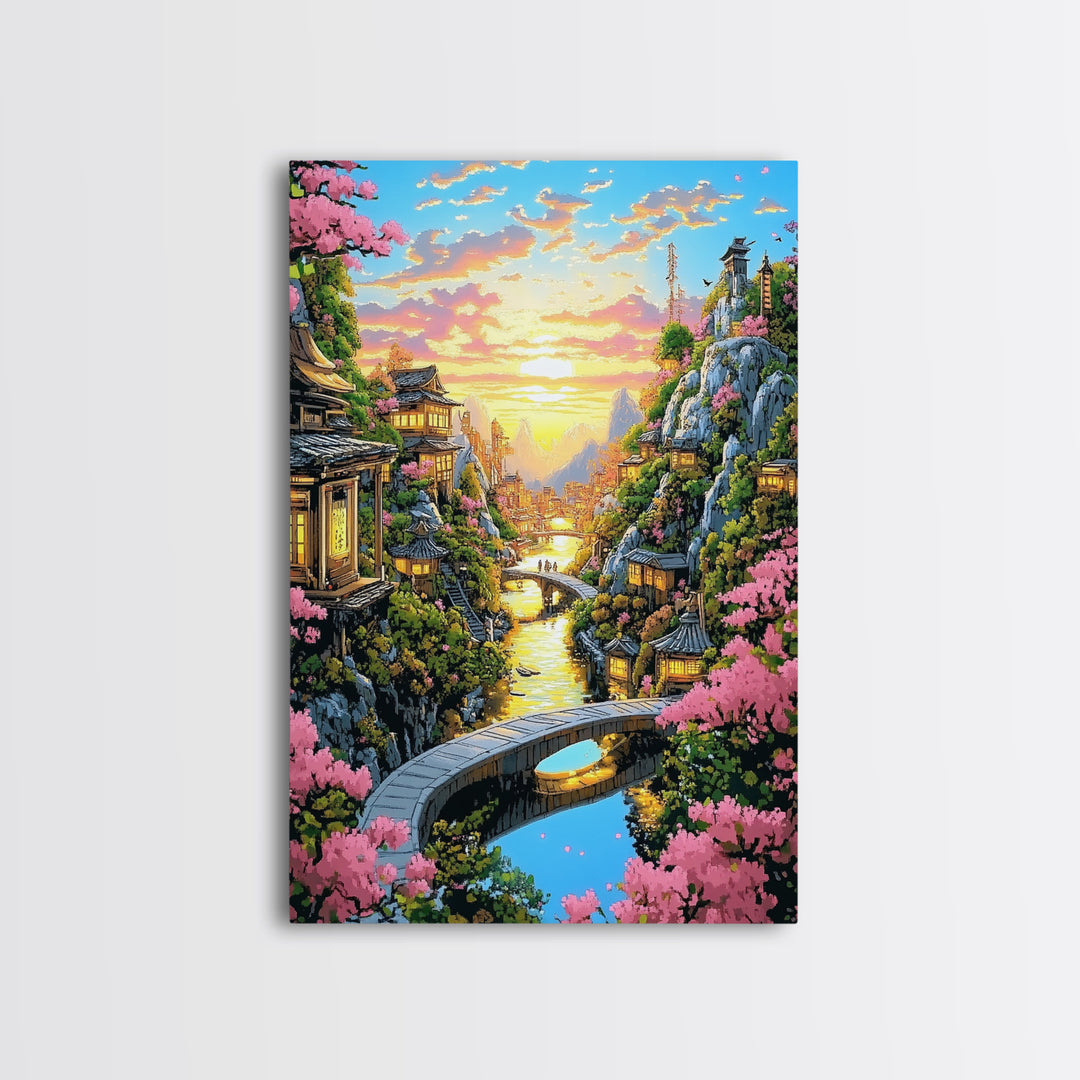 Sunset Canal Village With Sakura Framed Canvas Print, Japanese Landscape Wall Art, Romantic Coastal Home Decor, Gift For Her