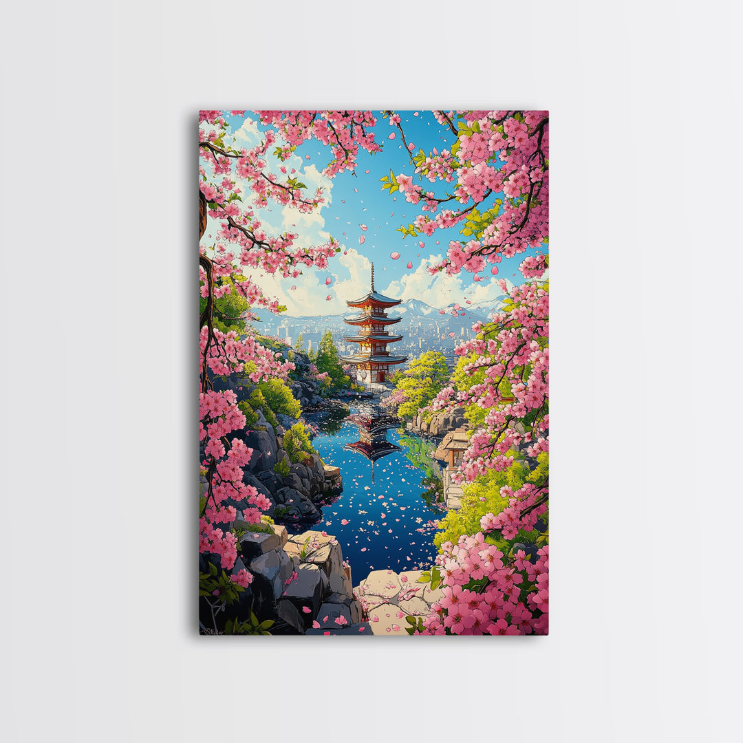Spring Pagoda With Pink Cherry Blossoms Canvas Print, Japanese Landscape Wall Art, Bright Zen Living Room Decor Gift For Her